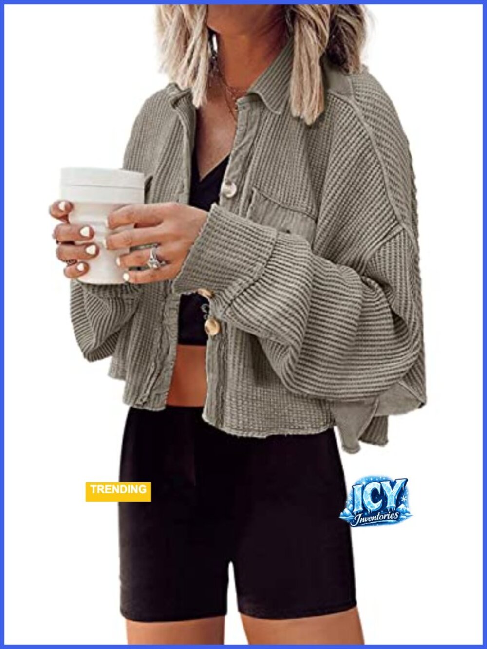 Women's Cropped Waffle Knit Cardigan Oversized Long Sleeve Casual Jacket